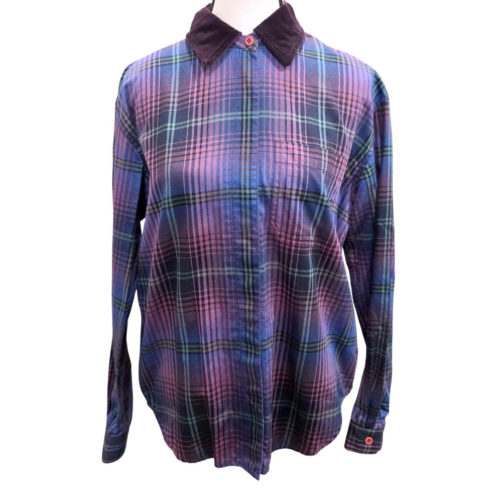 Vintage 90s Liz Claiborne Lizwear Plaid Shirt S Removable Purple Velour Collar